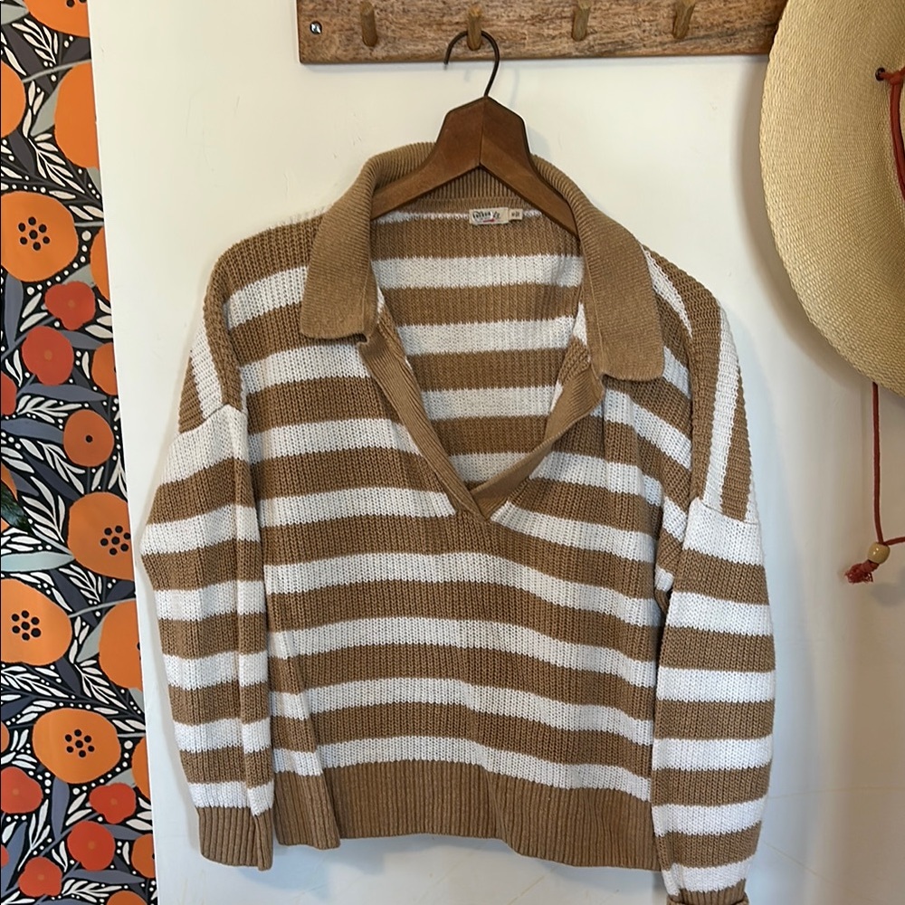 Anthropologie V-Neck Brown and White Striped Sweater